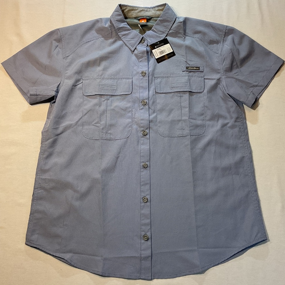 Eddie Bauer NWT  Blue/White Pattern Short Sleeve Button Up Size M Double Pocket‎